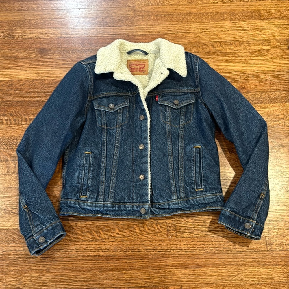 Levi's Sherpa Faux Fur Dark Denim Trucker Jean Jacket Women M